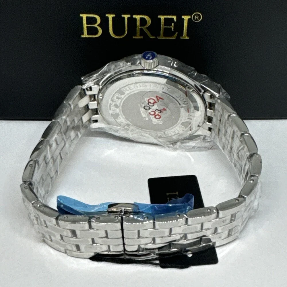 Burei S-13001M Men's Silver Stainless Steel Analog White Dial Quartz Watch JNA48